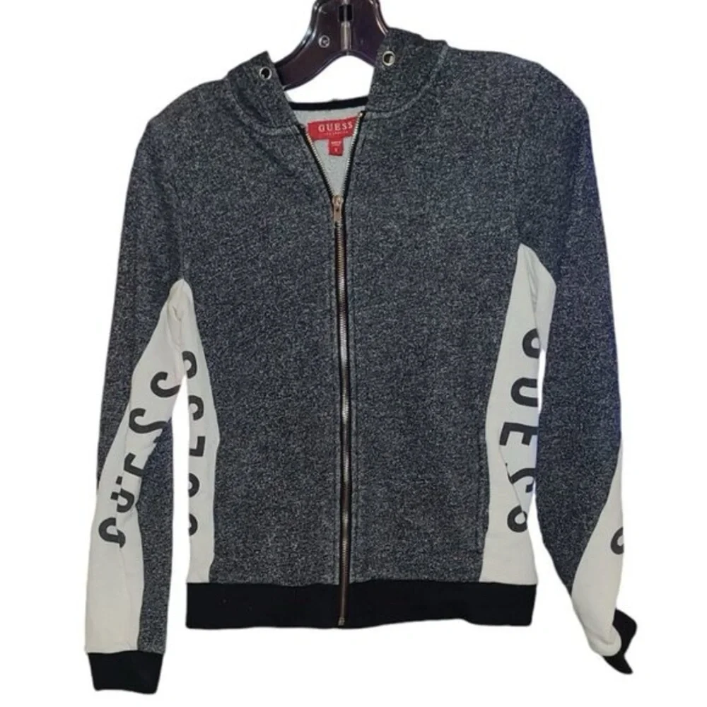 Guess L Angles Hoodie Ladies Size Small Fleece zip up in Black white pockets - Picture 1 of 7